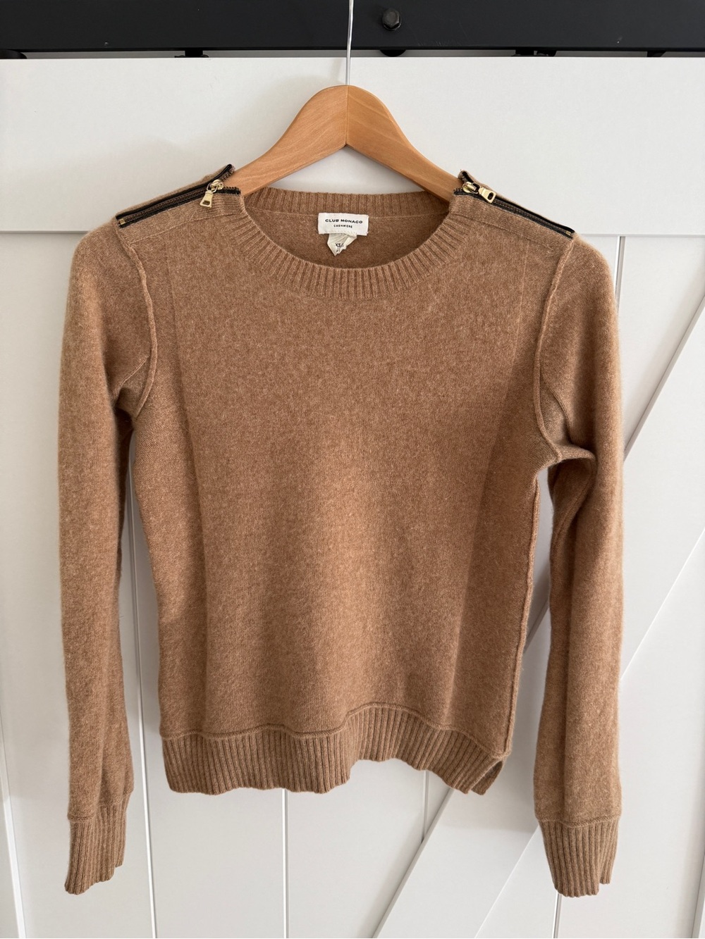 Club Monaco Camel Zip-Shoulder Cashmere Sweater
